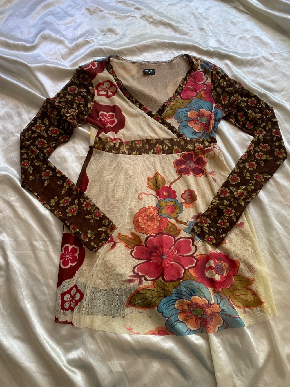 Vintage y2k Floral Mesh Long Sleeve Multicolor Fairycore Top Medium